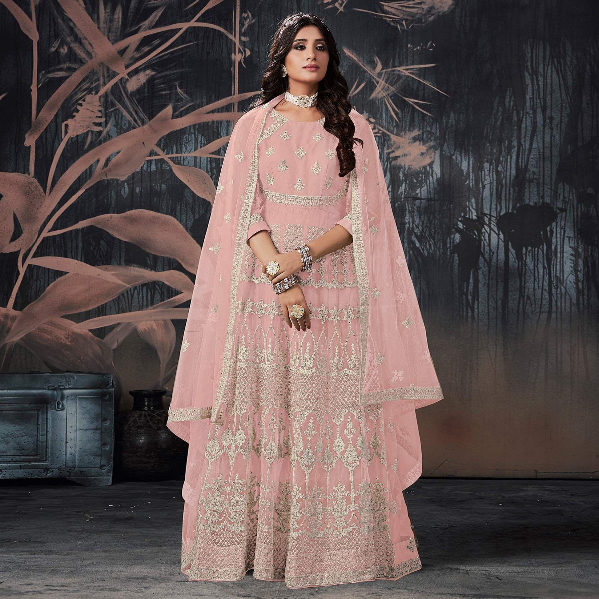 Light Pink Partywear Embroidery With Embellished Net Gown