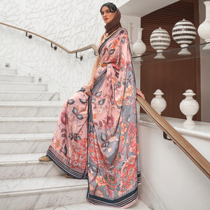 Light Pink Partywear Floral Digital Printed Silk Saree