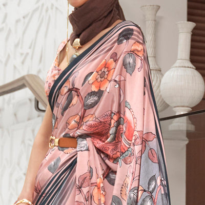 Light Pink Partywear Floral Digital Printed Silk Saree