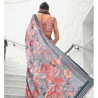 Light Pink Partywear Floral Digital Printed Silk Saree