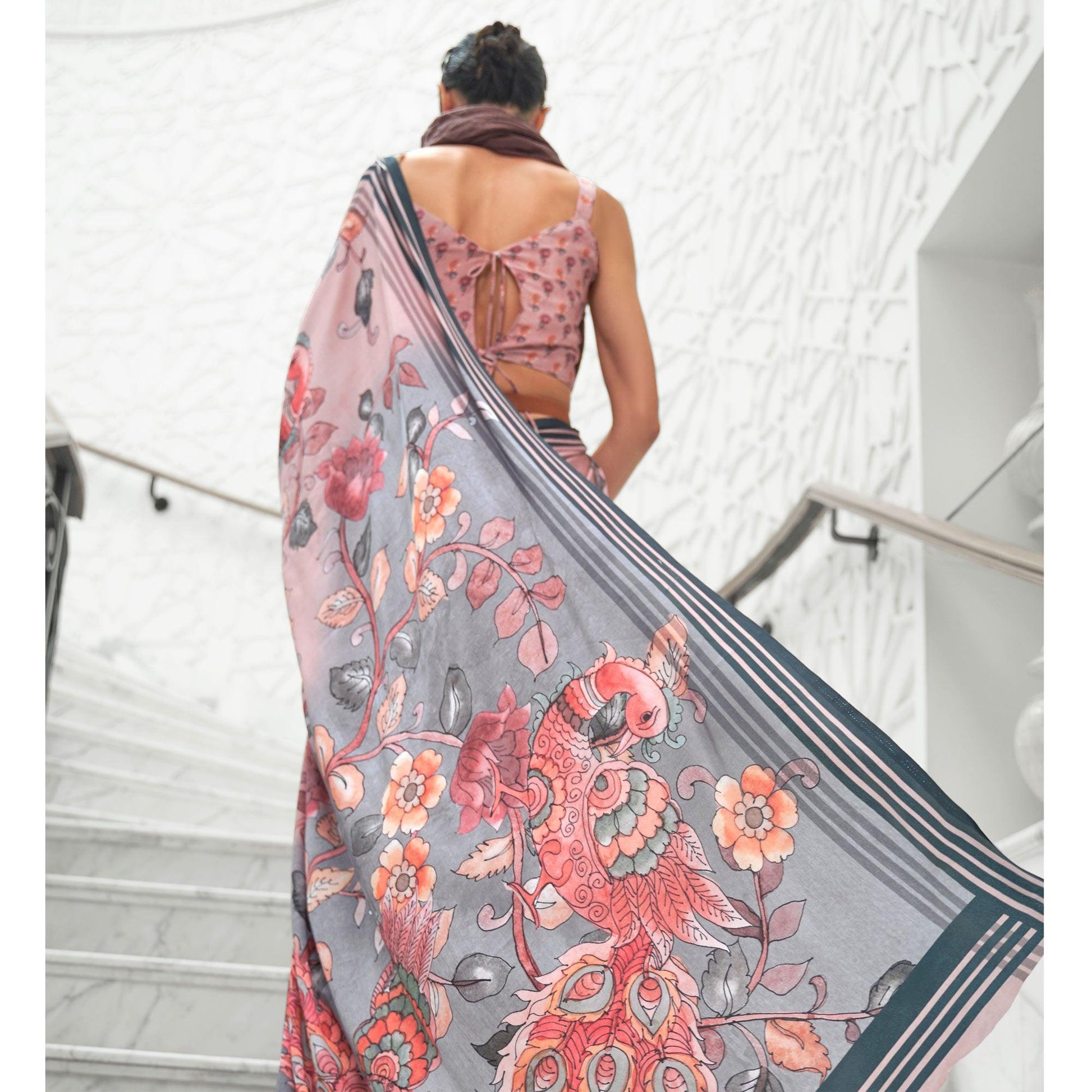 Light Pink Partywear Floral Digital Printed Silk Saree