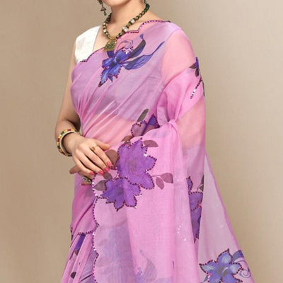 Light Pink Partywear Sequins & Printed Organza Saree