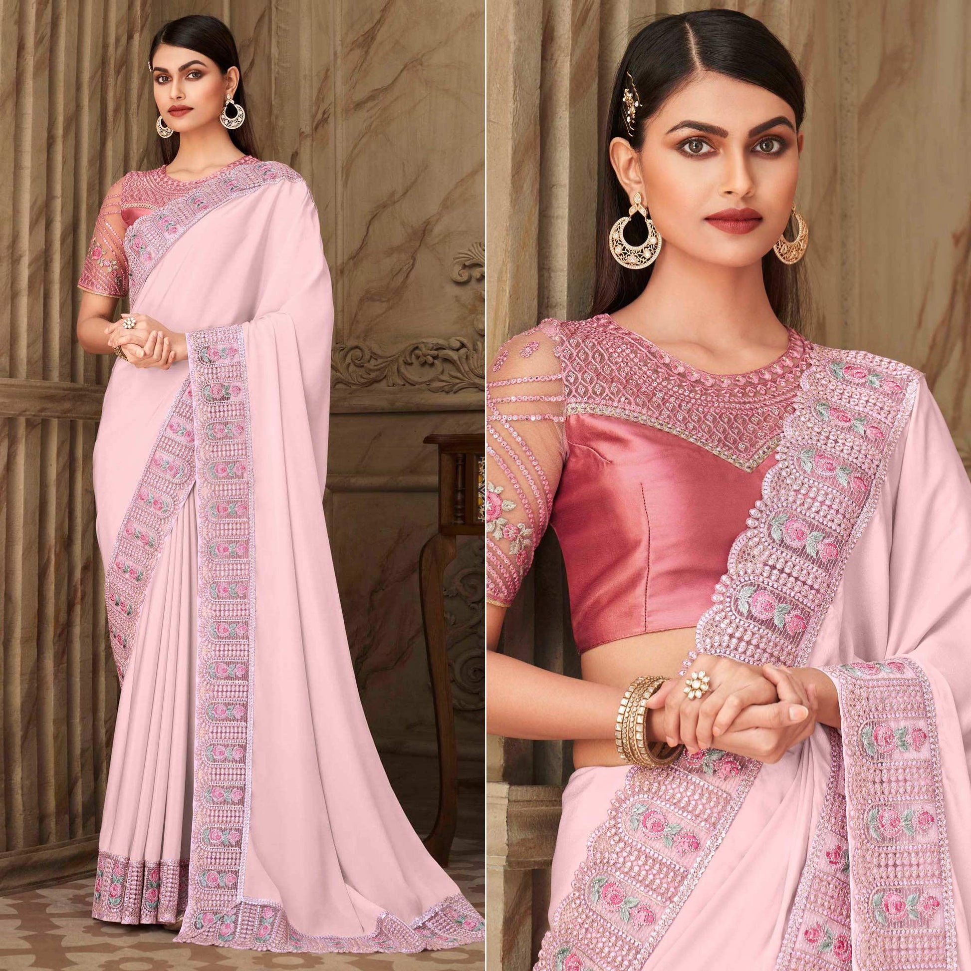Light Pink Partywear Sequins Embroidered  Silk Saree