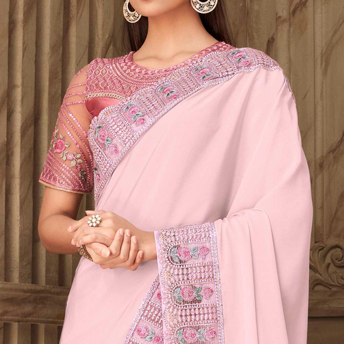 Light Pink Partywear Sequins Embroidered  Silk Saree