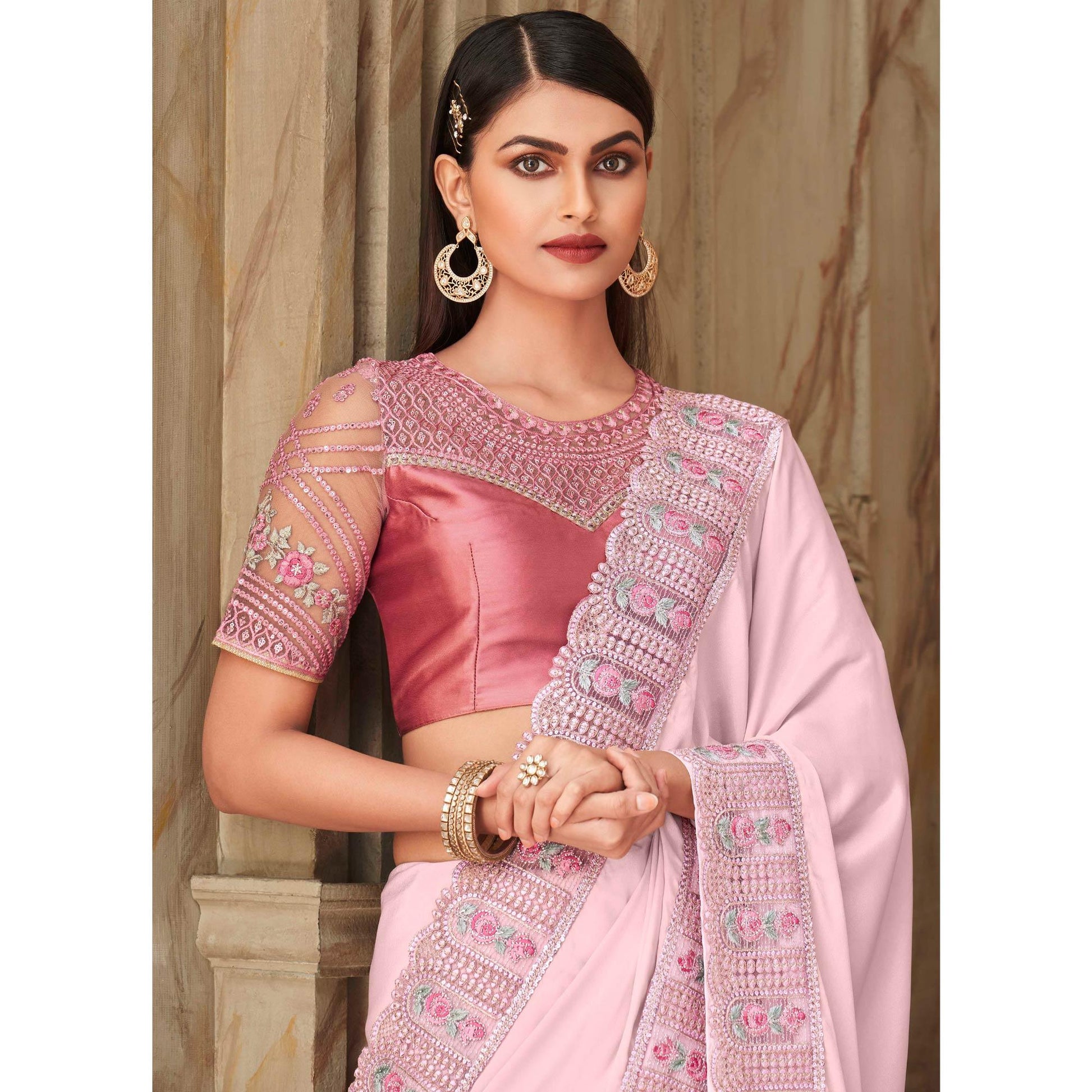 Light Pink Partywear Sequins Embroidered  Silk Saree