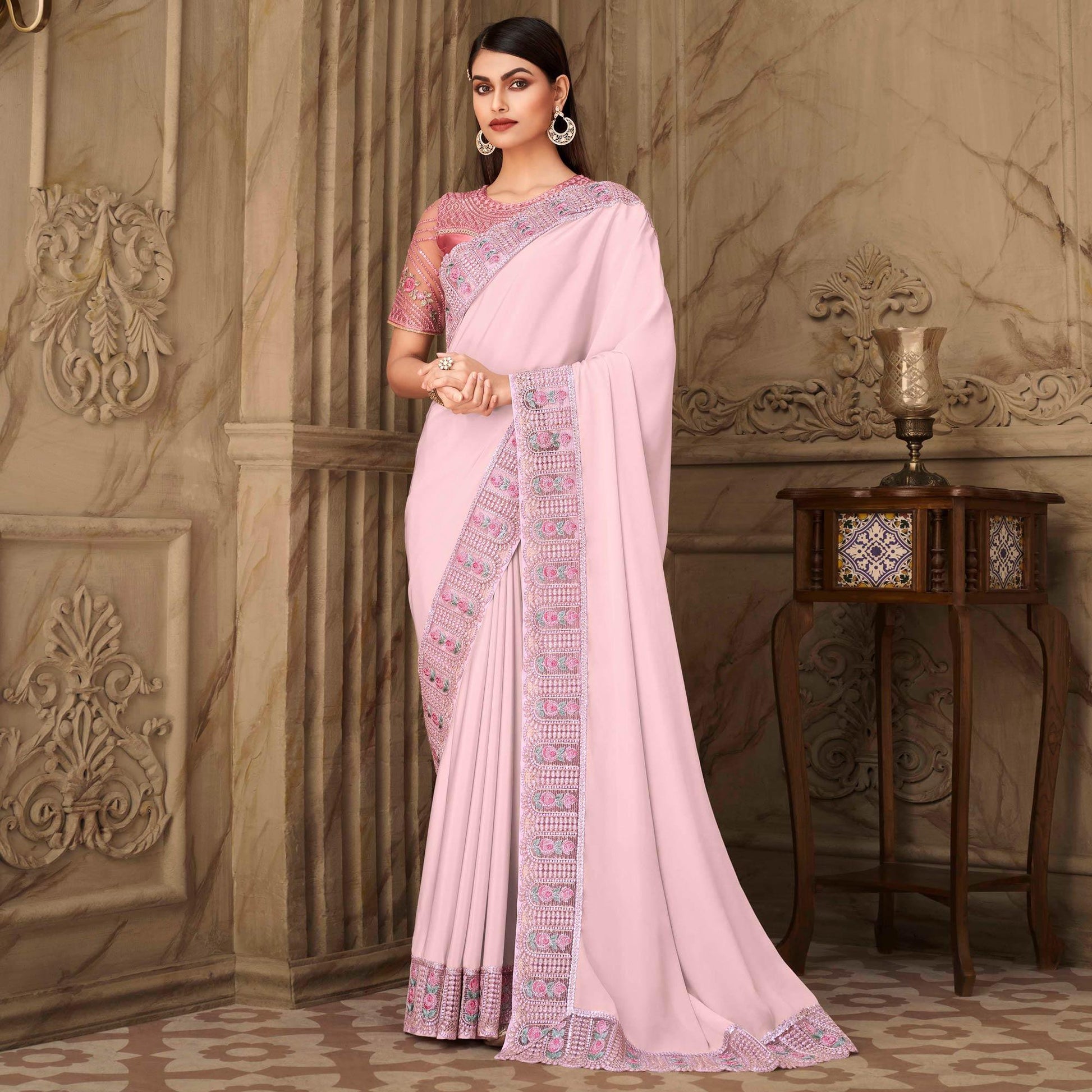 Light Pink Partywear Sequins Embroidered  Silk Saree