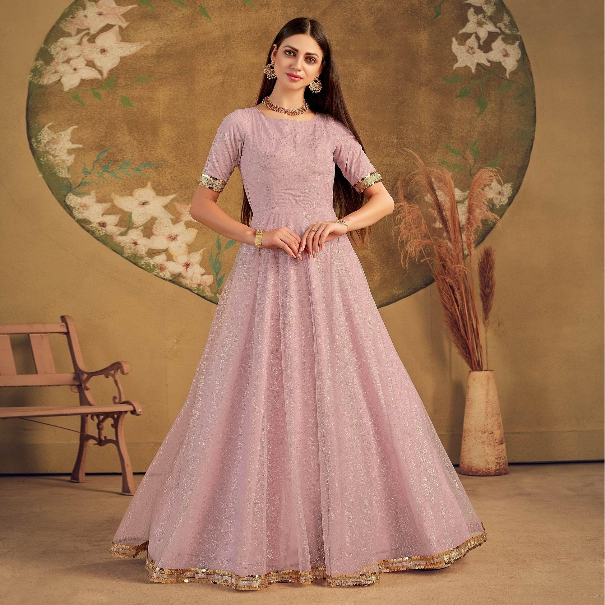 Light Pink Partywear Wear Foil Work Net Gown