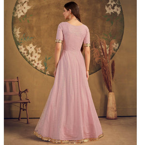 Light Pink Partywear Wear Foil Work Net Gown