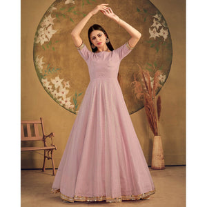 Light Pink Partywear Wear Foil Work Net Gown