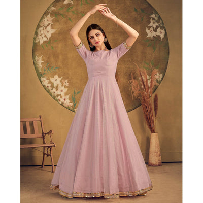 Light Pink Partywear Wear Foil Work Net Gown