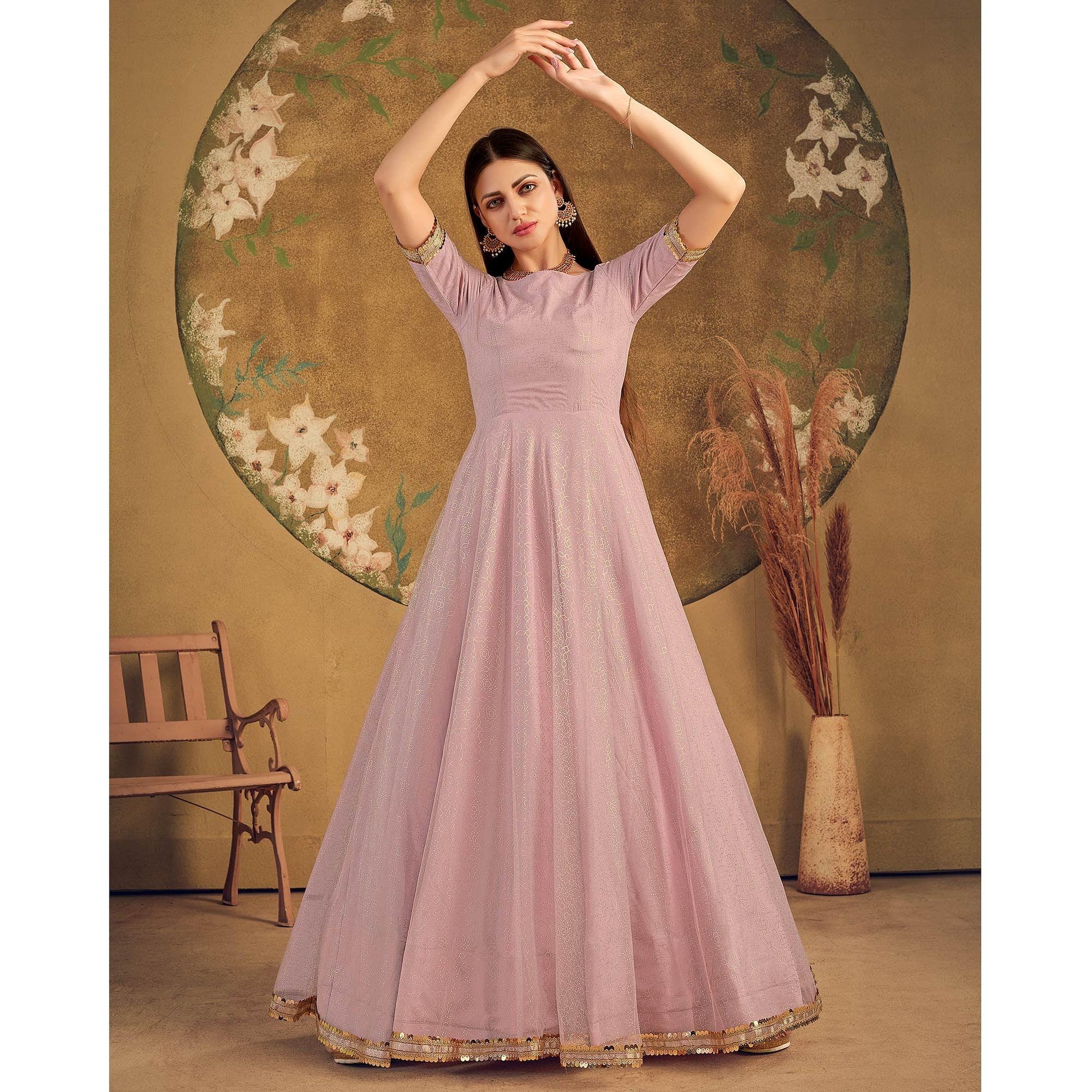 Light Pink Partywear Wear Foil Work Net Gown
