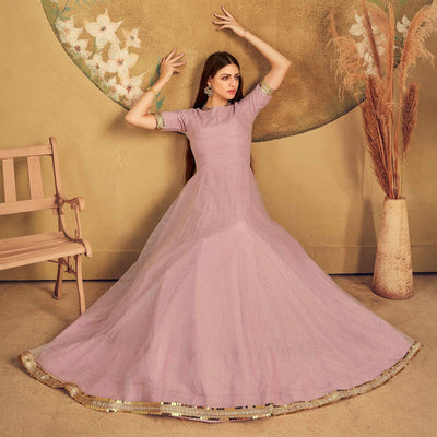 Light Pink Partywear Wear Foil Work Net Gown