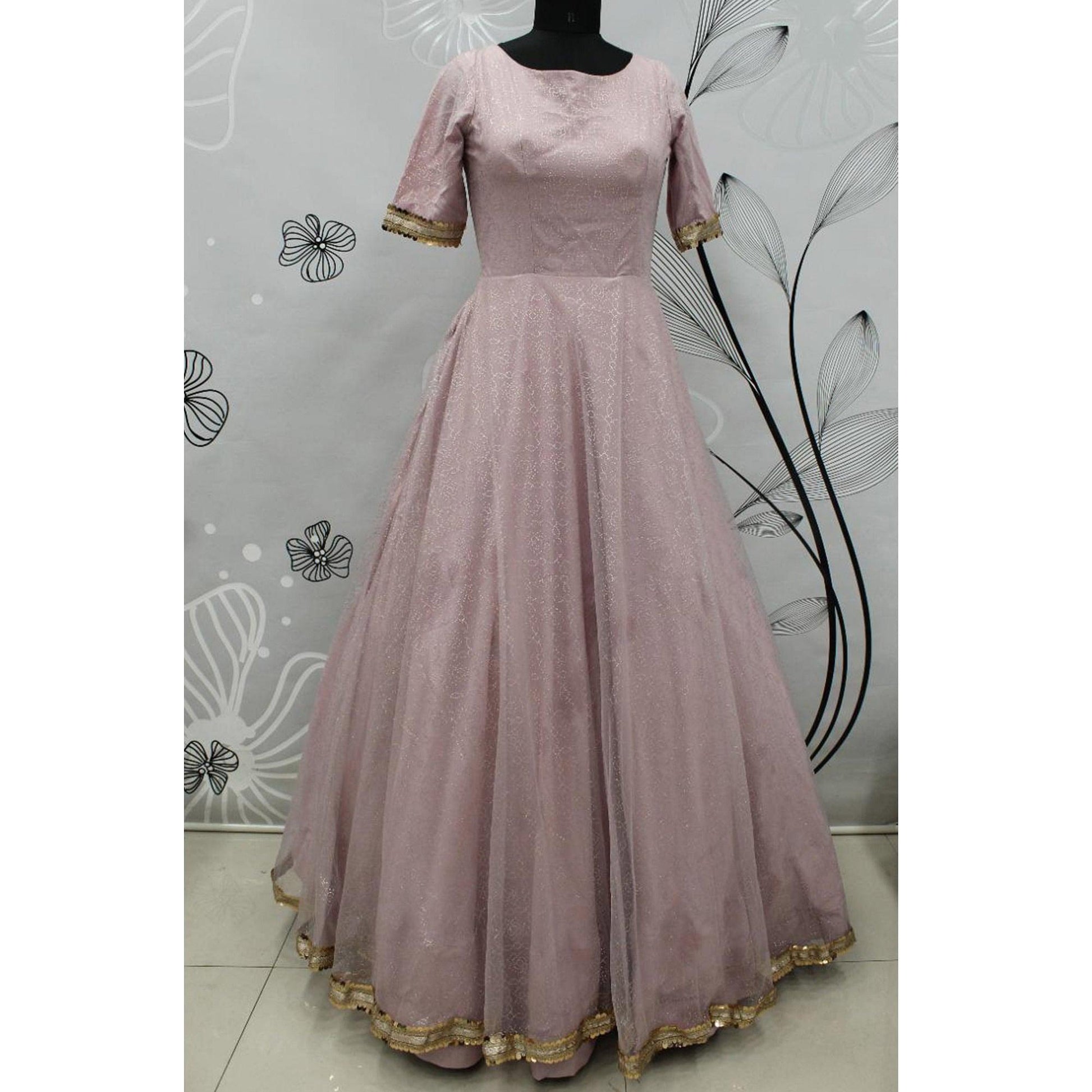 Light Pink Partywear Wear Foil Work Net Gown