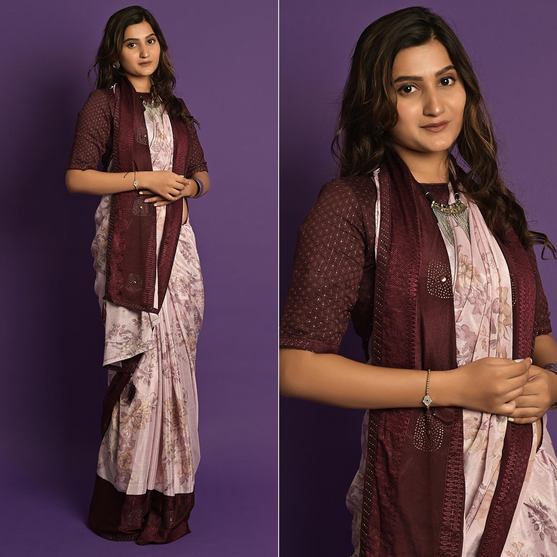 Light Pink Printed-Embellished Chiffon Saree