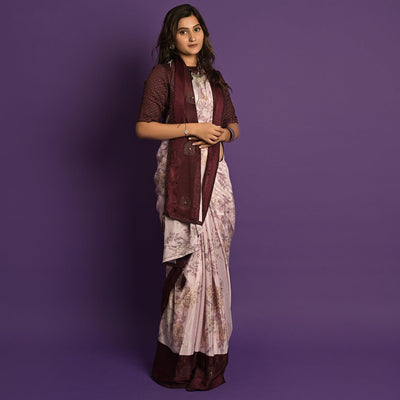 Light Pink Printed-Embellished Chiffon Saree