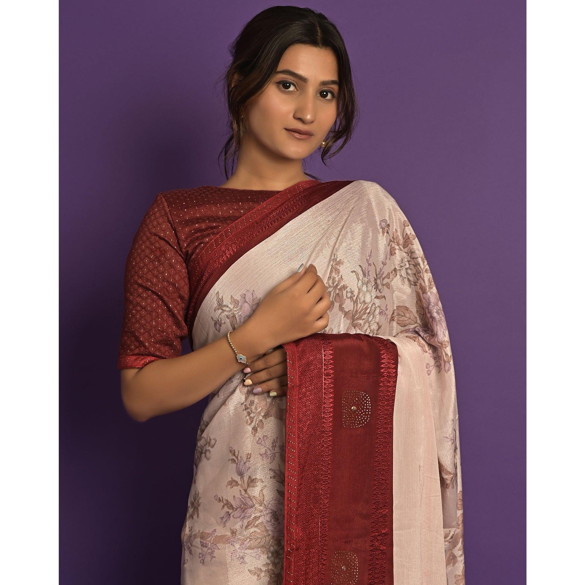 Light Pink Printed-Embellished Chiffon Saree