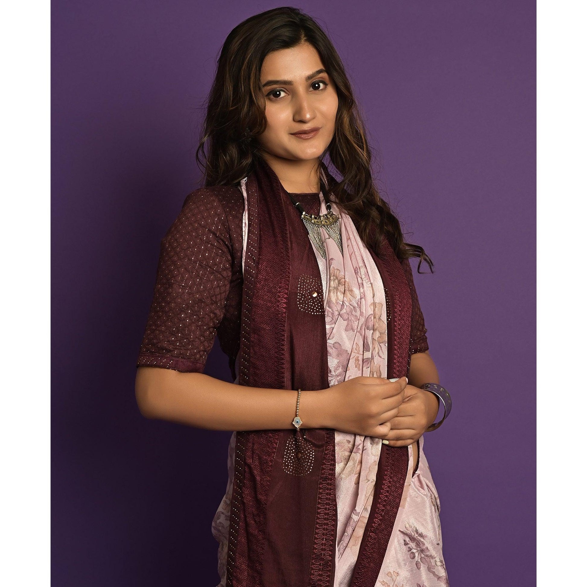 Light Pink Printed-Embellished Chiffon Saree