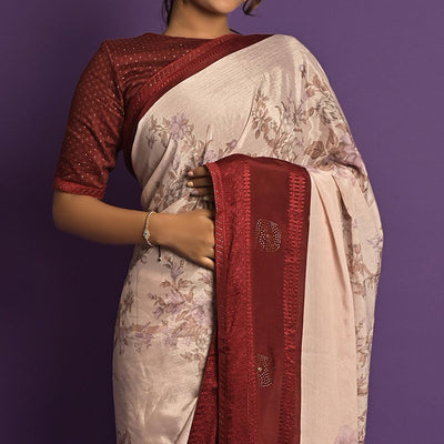 Light Pink Printed-Embellished Chiffon Saree