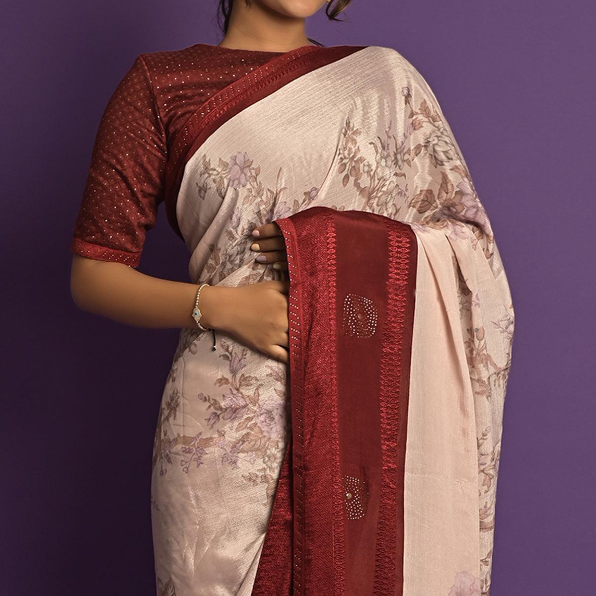 Light Pink Printed-Embellished Chiffon Saree