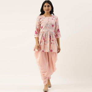 Light Pink Printed Pure Cotton Kurti With Dhoti Set