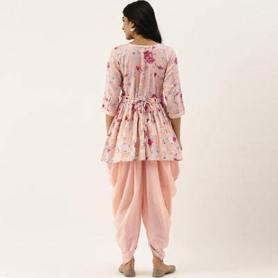 Light Pink Printed Pure Cotton Kurti With Dhoti Set