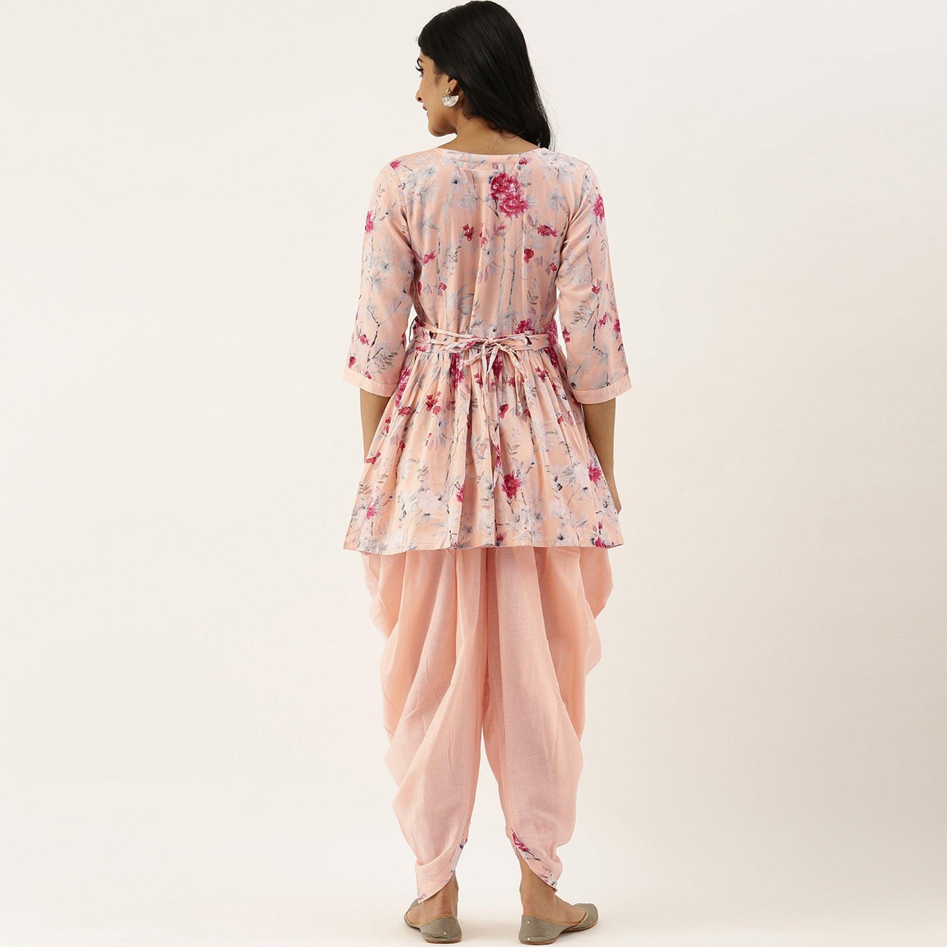 Light Pink Printed Pure Cotton Kurti With Dhoti Set