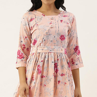 Light Pink Printed Pure Cotton Kurti With Dhoti Set