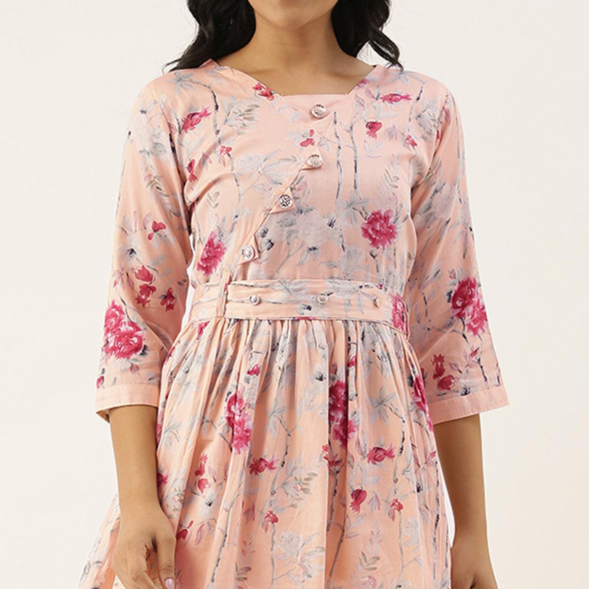 Light Pink Printed Pure Cotton Kurti With Dhoti Set