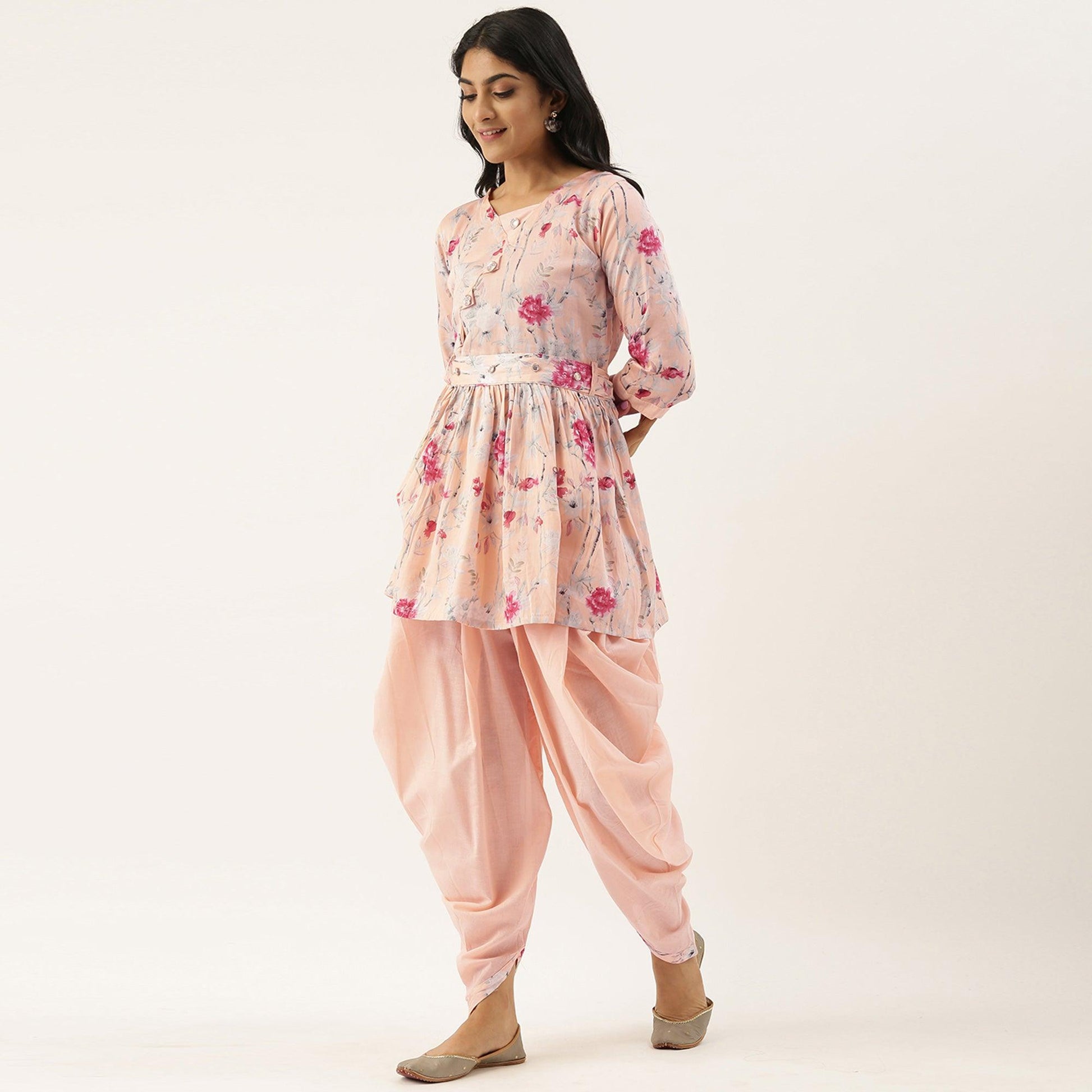 Light Pink Printed Pure Cotton Kurti With Dhoti Set