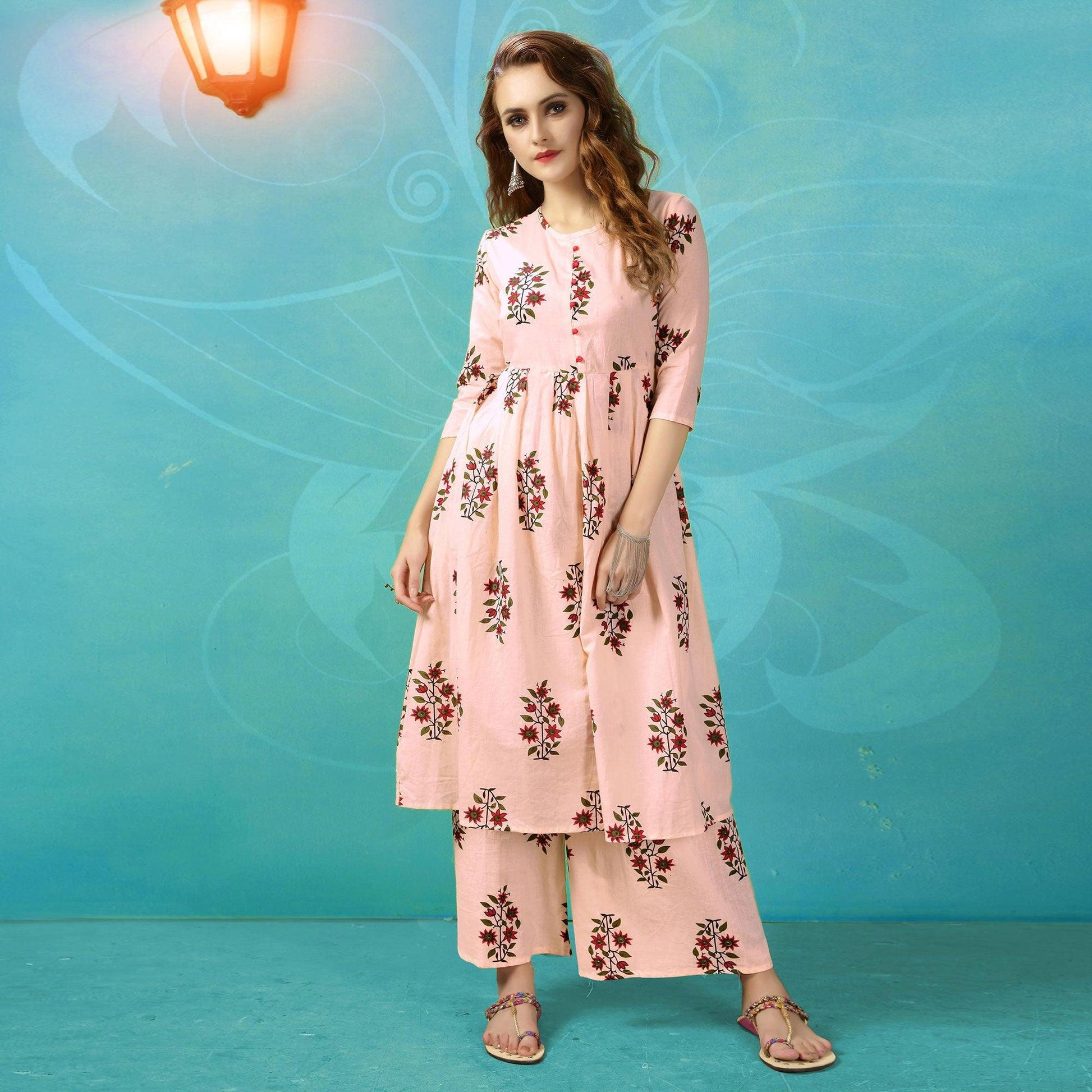 Light Pink Printed Pure Cotton Palazzo Suit