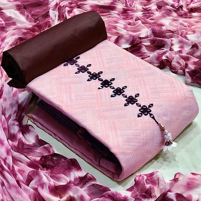 Light Pink Printed With Embroidered Cotton Blend Dress Material
