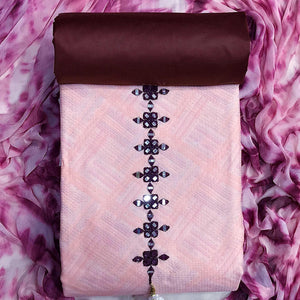 Light Pink Printed With Embroidered Cotton Blend Dress Material