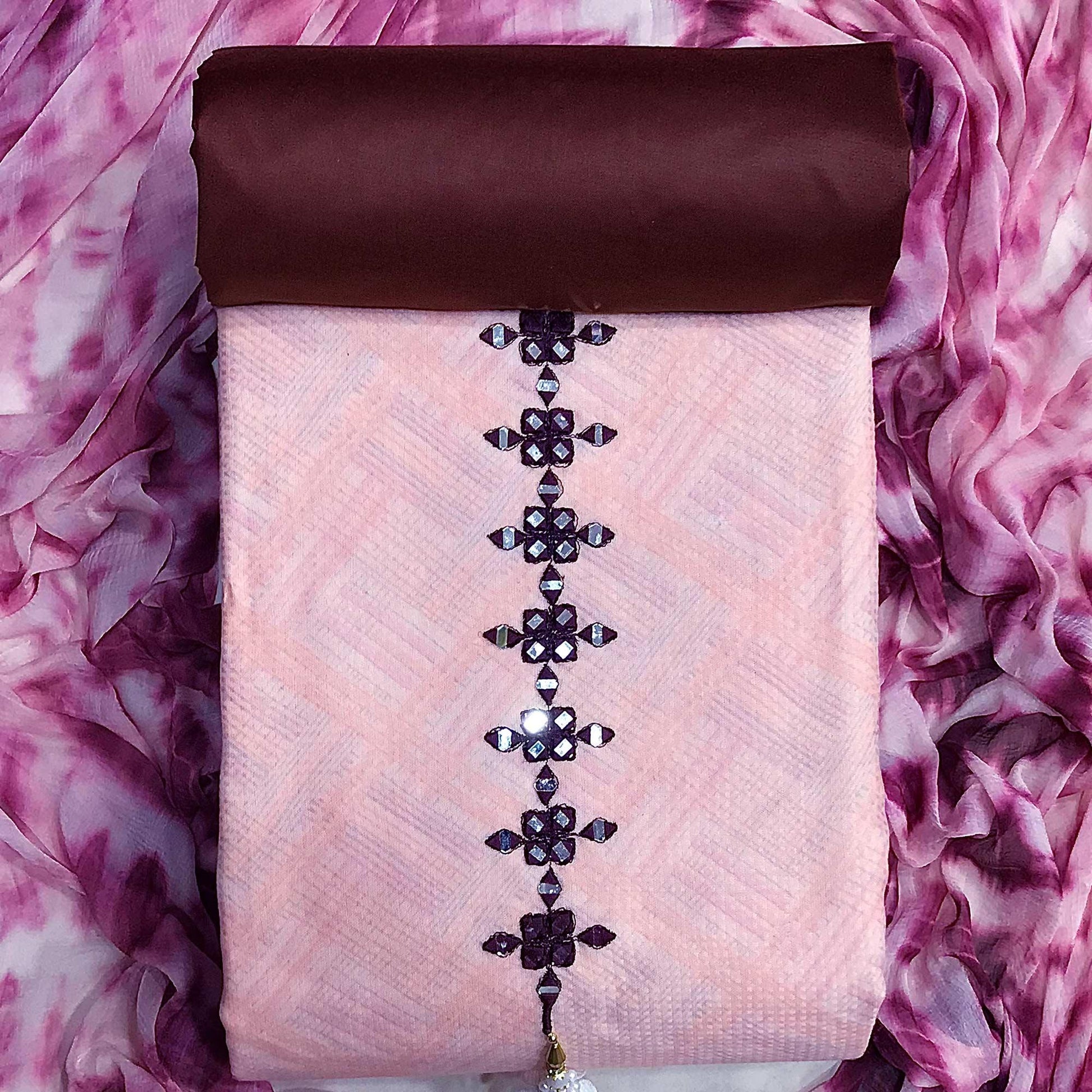 Light Pink Printed With Embroidered Cotton Blend Dress Material