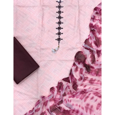 Light Pink Printed With Embroidered Cotton Blend Dress Material