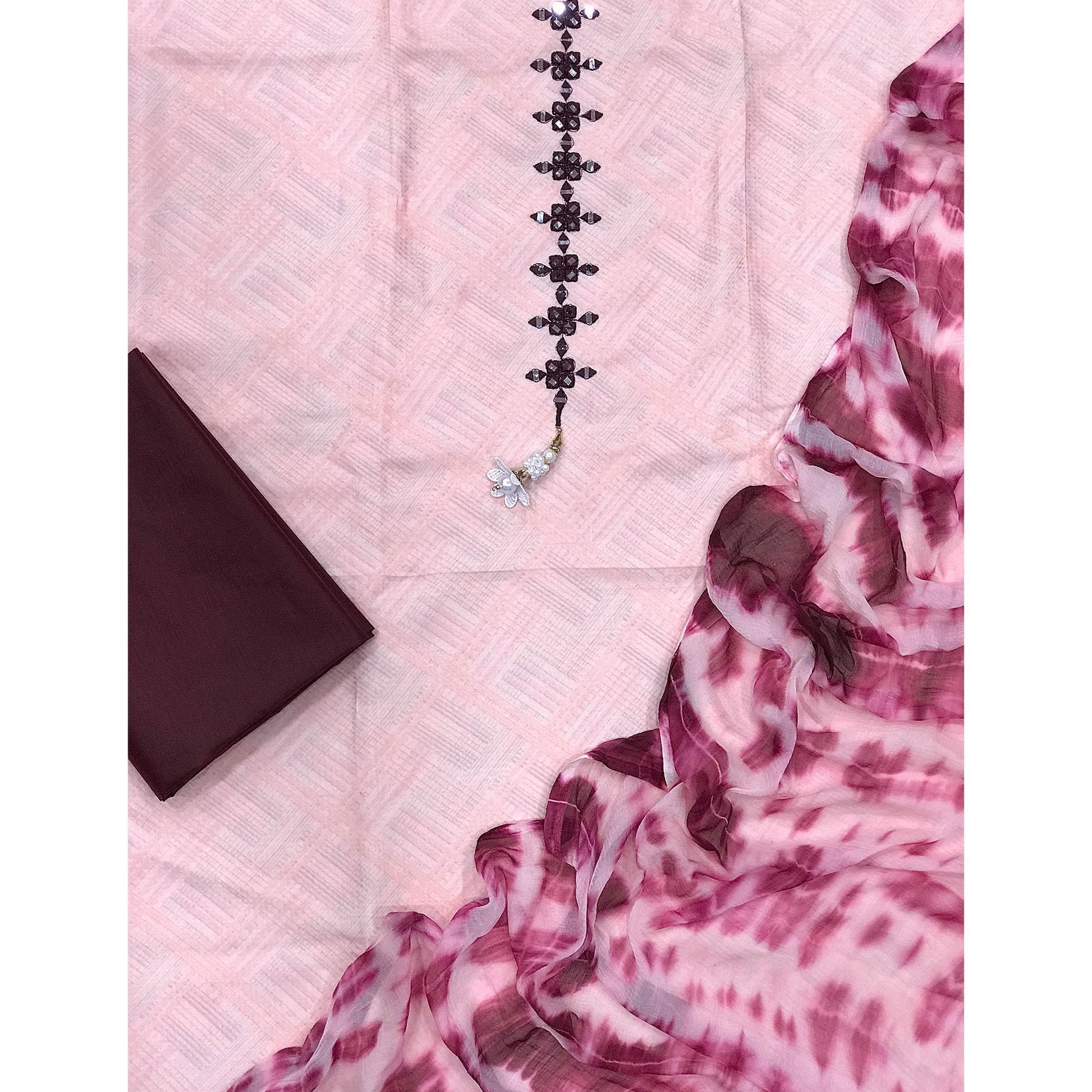 Light Pink Printed With Embroidered Cotton Blend Dress Material