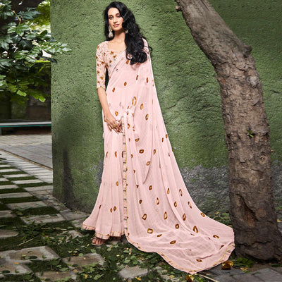 Light Pink Printed With Gota Patti Border Georgette Saree