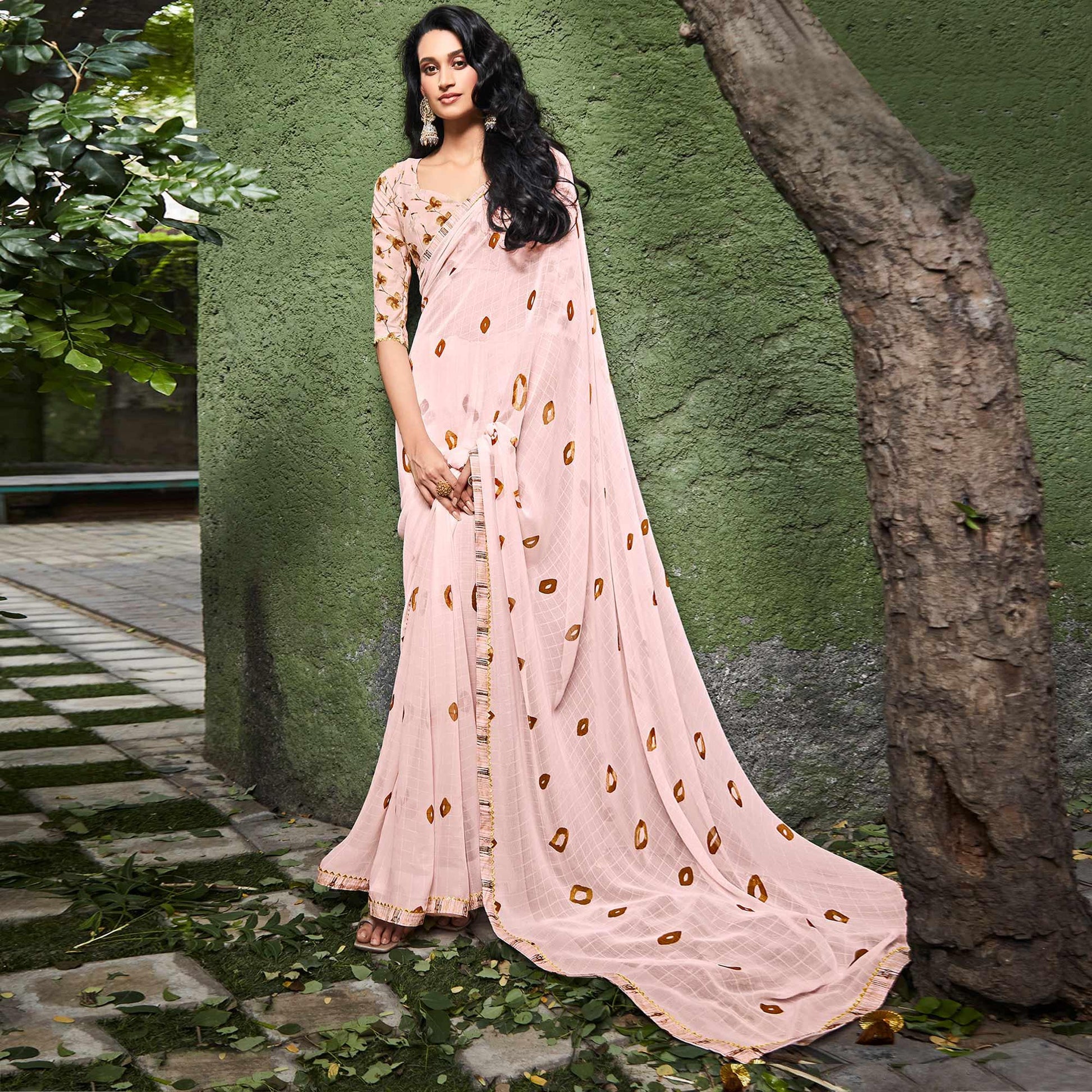 Light Pink Printed With Gota Patti Border Georgette Saree