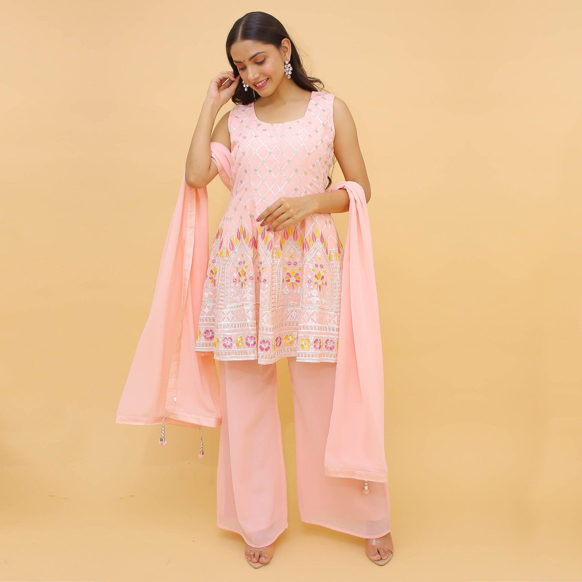 Light Pink Sequins Embroidered Georgette Sharara Suit