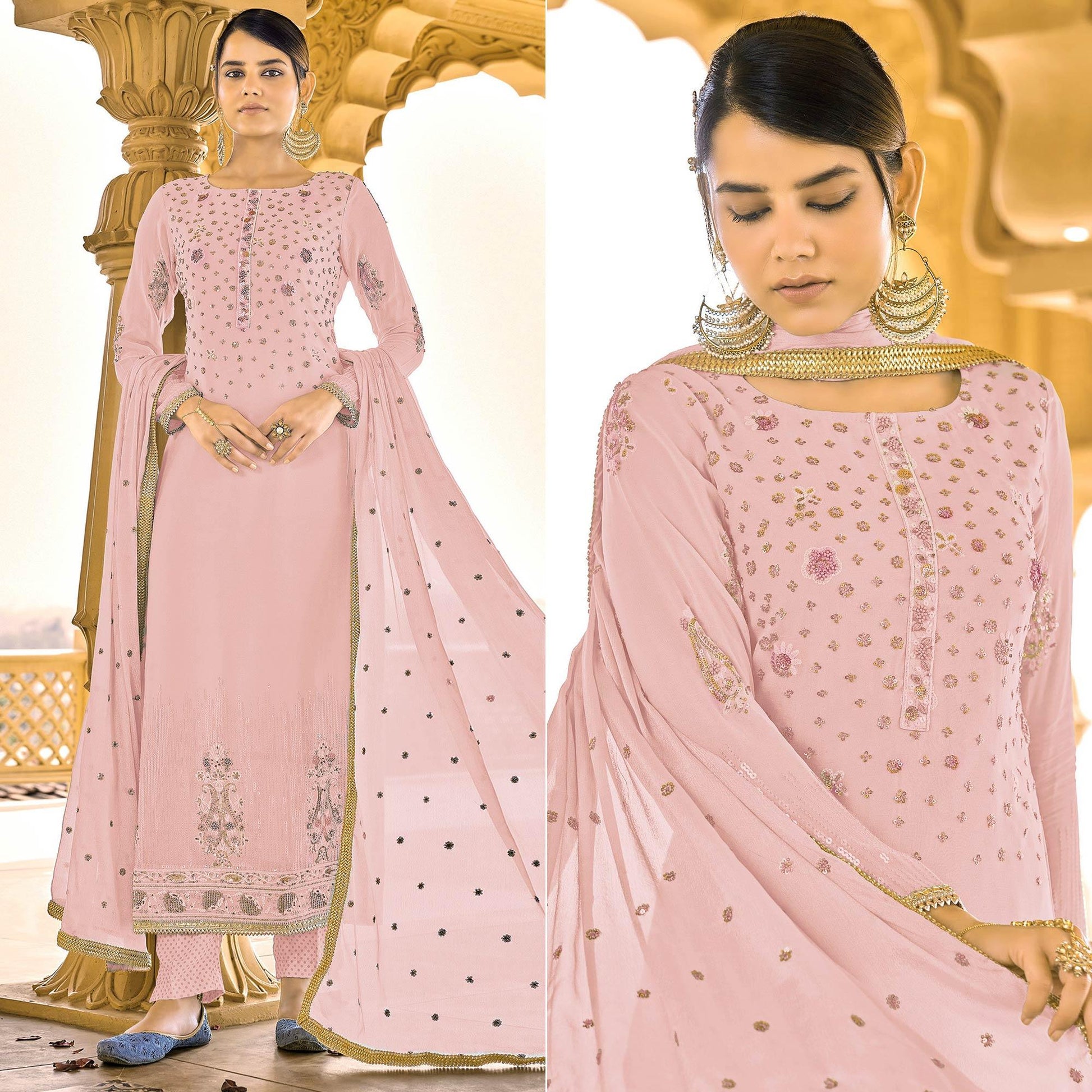 Light Pink Sequins Embroidered Georgette Suit