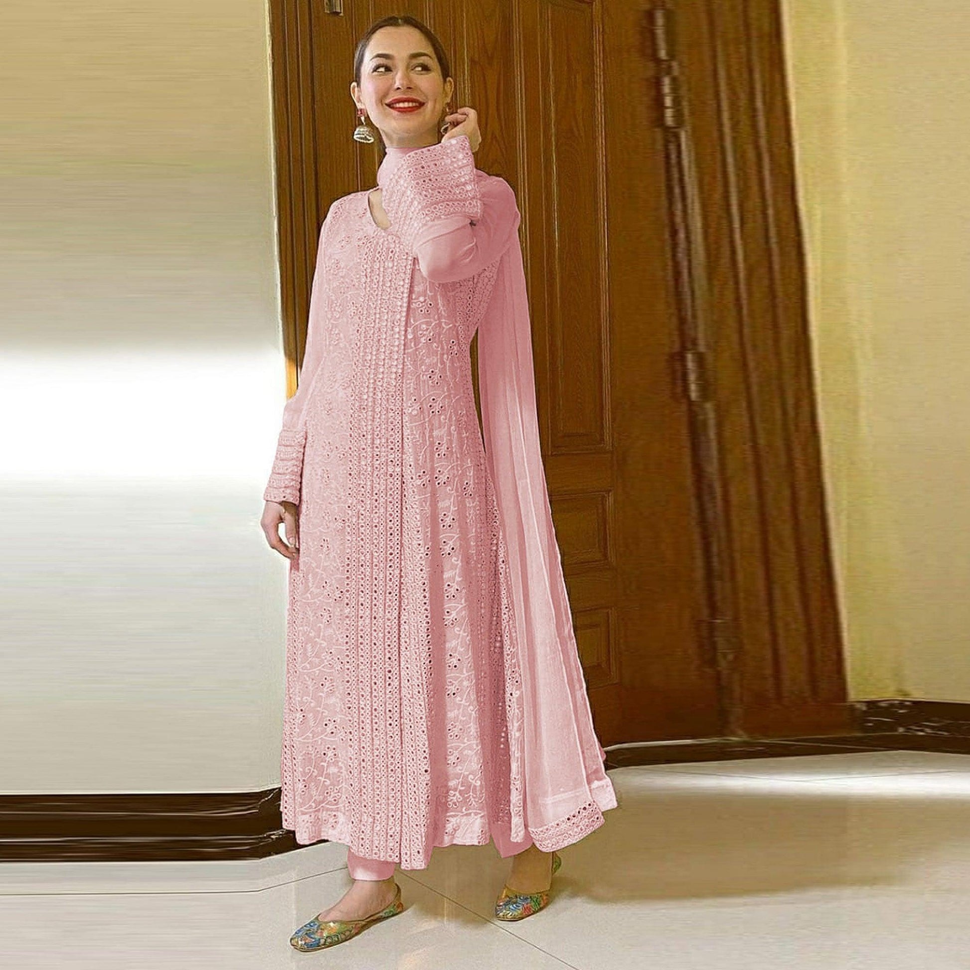 Light Pink Sequins Embroidered Georgette Suit
