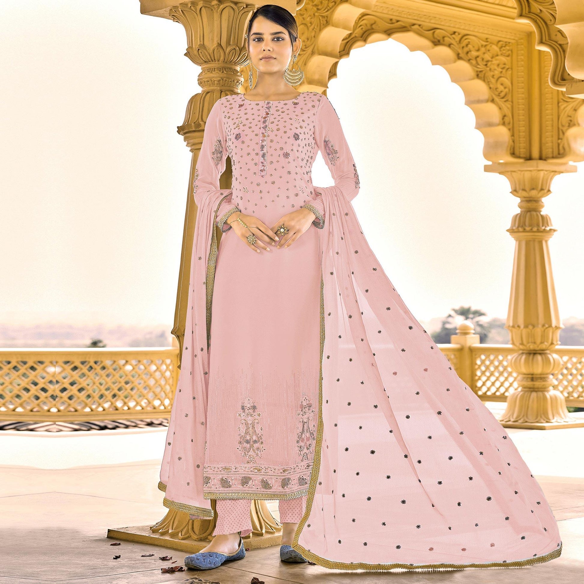 Light Pink Sequins Embroidered Georgette Suit
