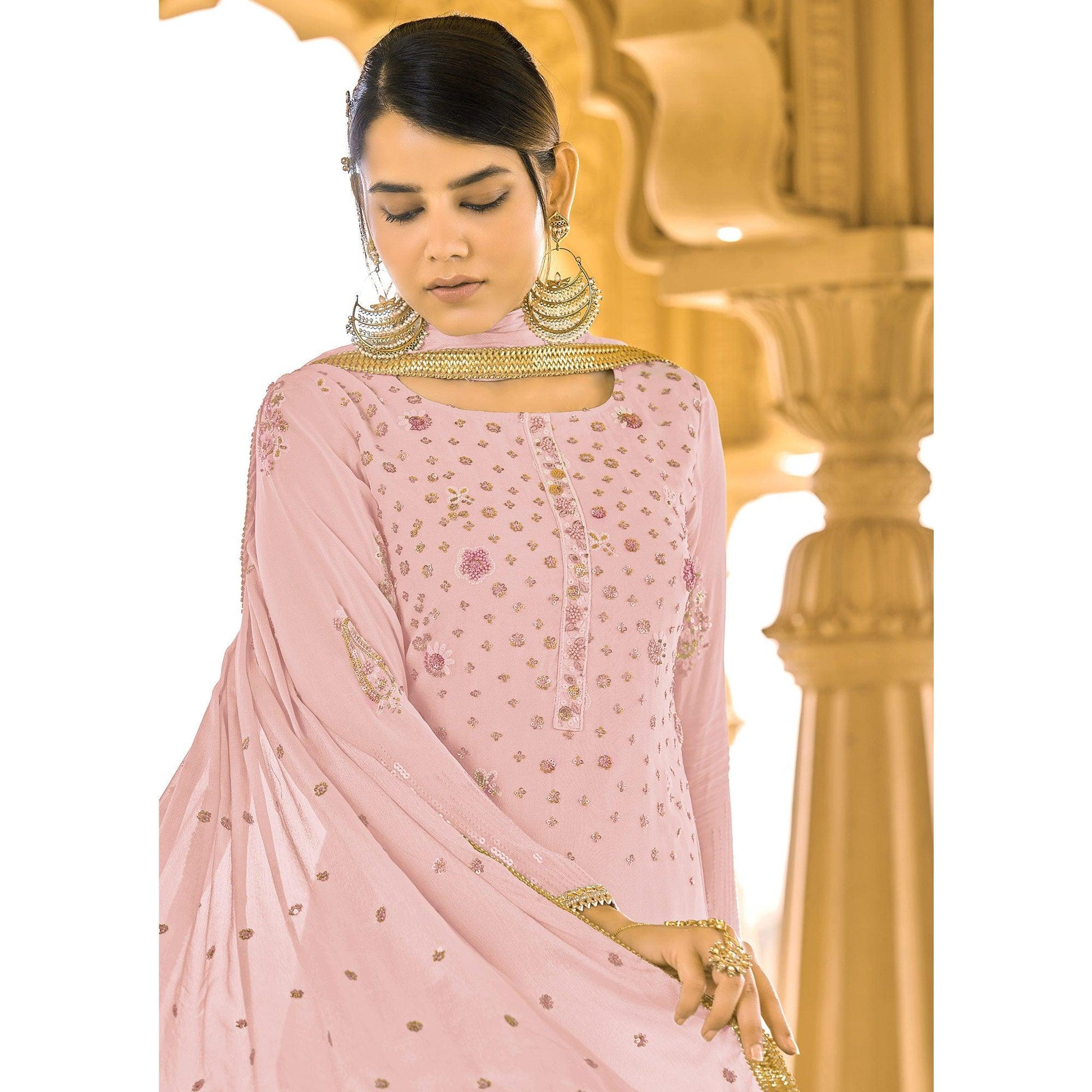 Light Pink Sequins Embroidered Georgette Suit