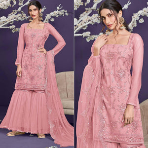 Light Pink Sequins Embroidered Netted Sharara Suit