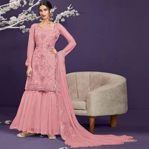 Light Pink Sequins Embroidered Netted Sharara Suit