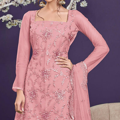 Light Pink Sequins Embroidered Netted Sharara Suit