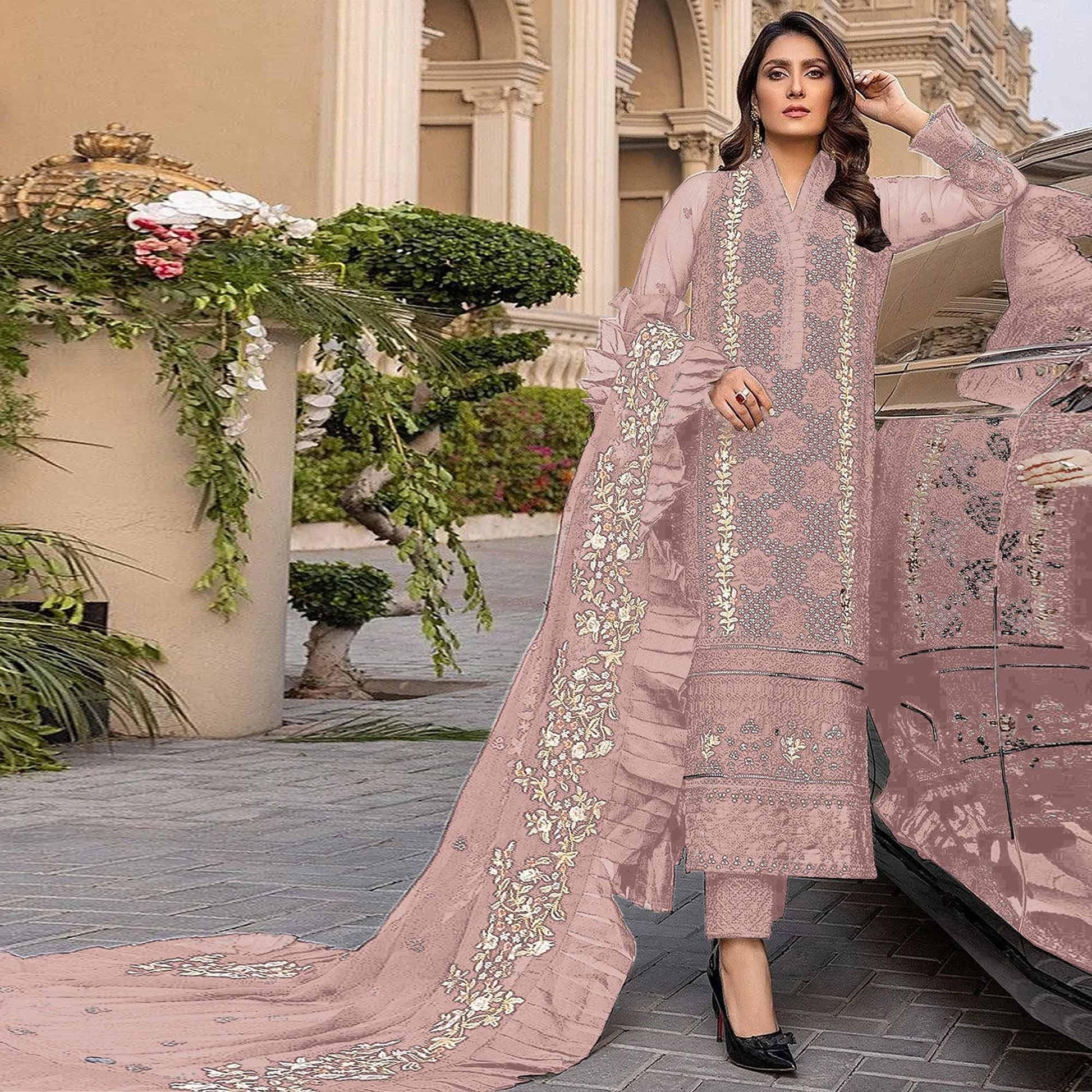 Light Pink Sequins With Floral Embroidered Georgette Pakistani Suit