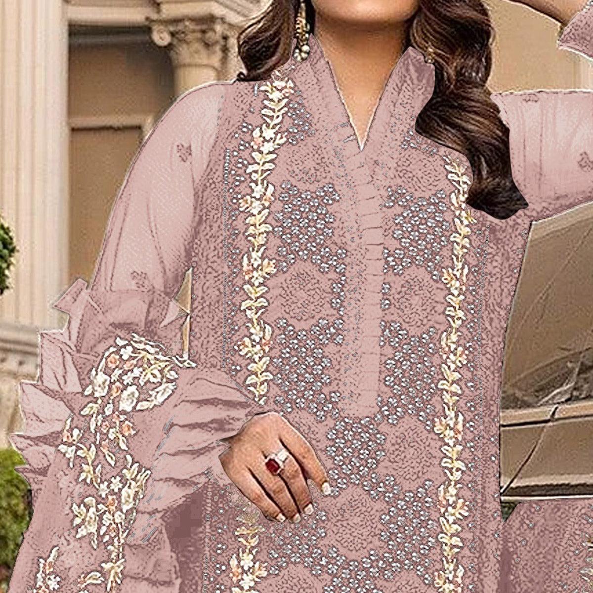Light Pink Sequins With Floral Embroidered Georgette Pakistani Suit
