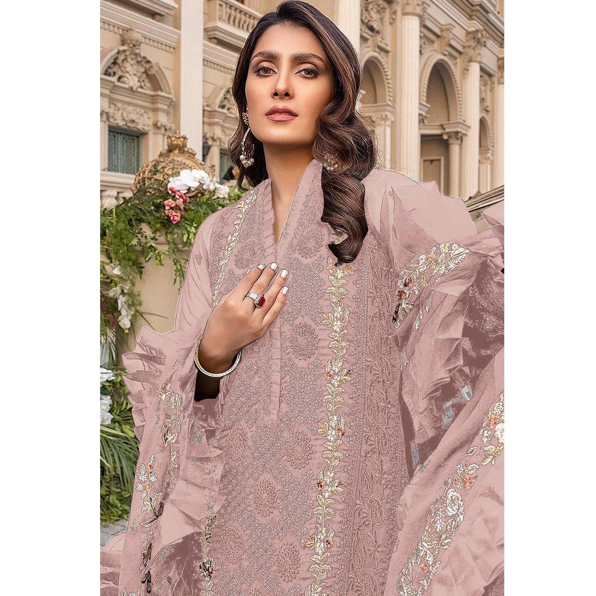 Light Pink Sequins With Floral Embroidered Georgette Pakistani Suit