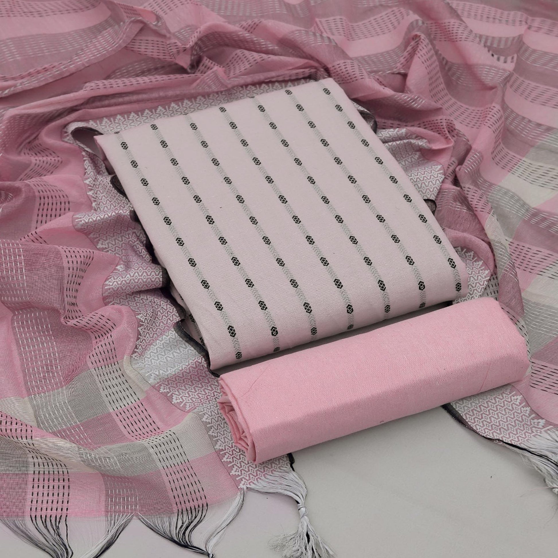 Light Pink Stripes Printed Cotton Blend Dress Material