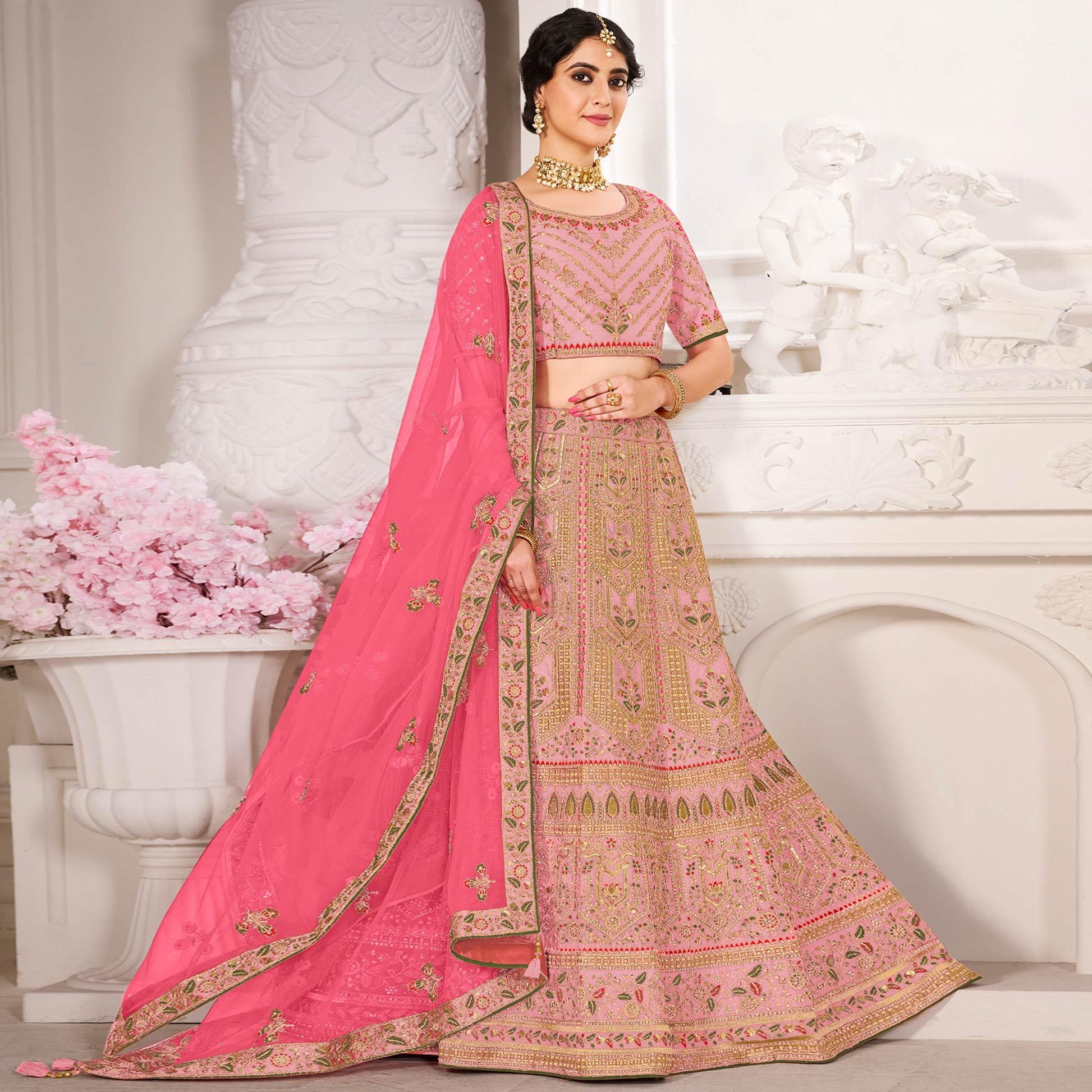 Light Pink Wedding Wear Embroidered Silk Lehenga Choli